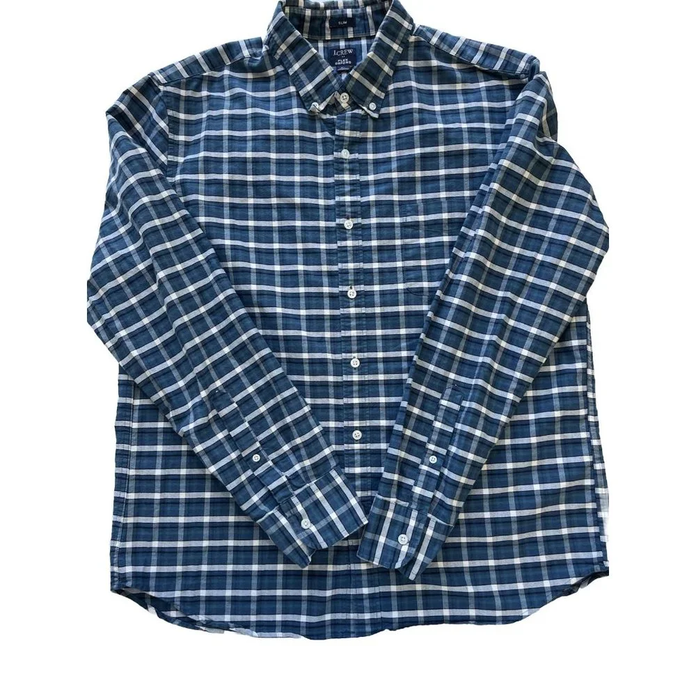 J. Crew Men's Adult Sz XL Button Shirt Long Sleeve Blue Gingham Flex Oxford Slim
